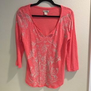 Lucky Brand coral v-neck 3/4 sleeve size M